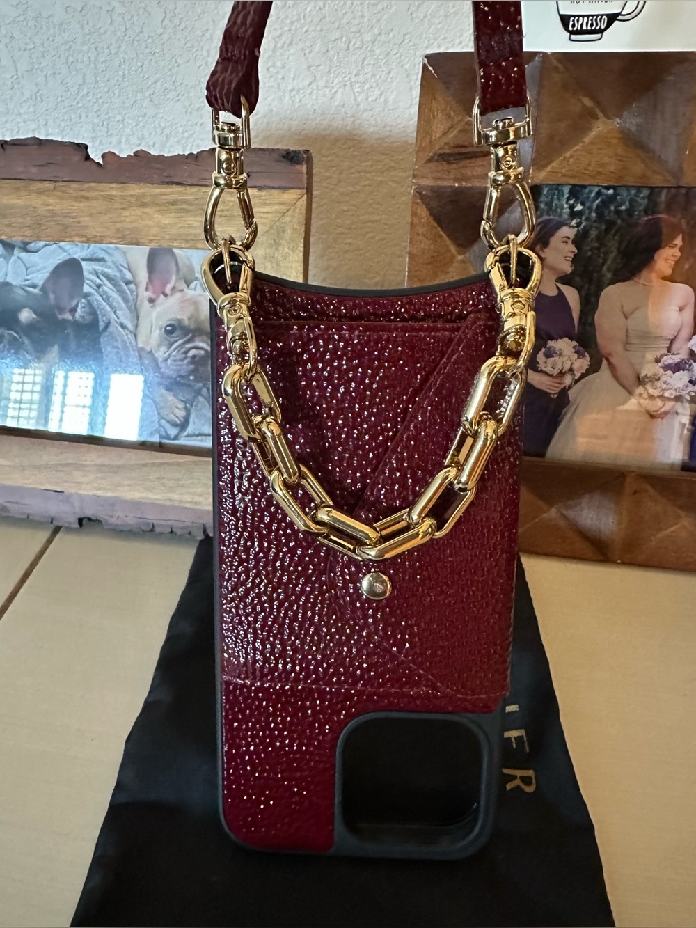 Bandolier Textured Leather Phone Case w/ Card Pocket, Strap & Gold Hand Strap